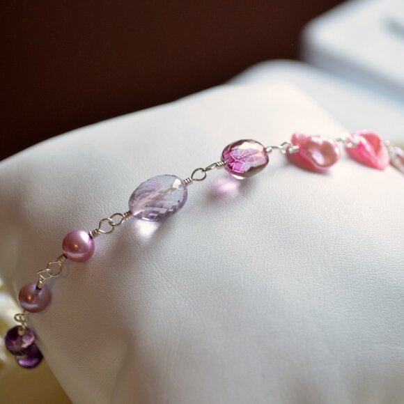 Pink and Lavender Sterling Silver Wire Wrapped Bracelet - Picture 3 of 3